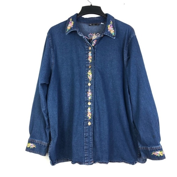 Bob Mackie Wearable Art Embroidered Maypole Dance Denim Button Down Shirt 3X - Picture 13 of 14